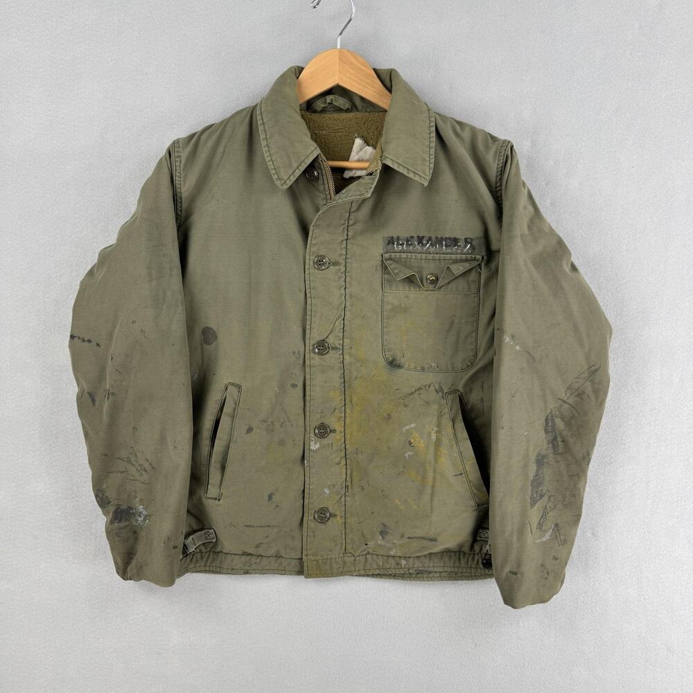 Vintage Military A-2 Deck Jacket Mens Medium Green Canvas Lined Insulated Work